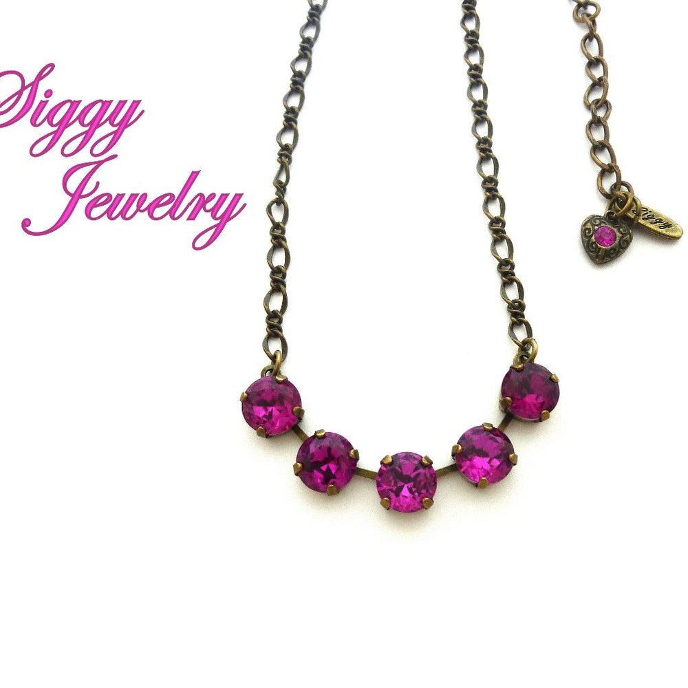 Fuchsia Crystal Five Stone Necklace, Casual Every Day Jewelry, Antique Brass